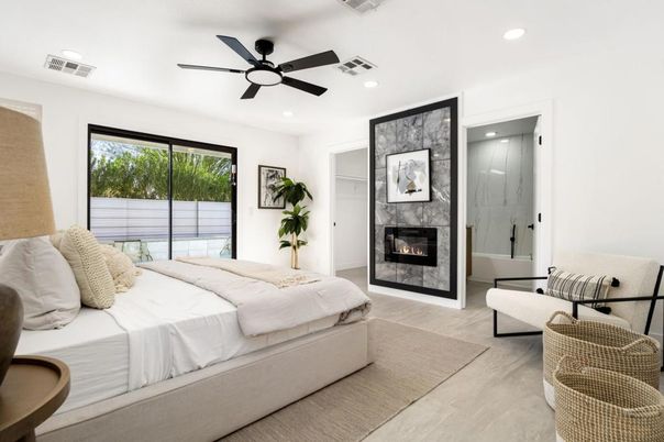 Bedroom, Fireplace, Interior, Recessed Lighting, Wood Texture Flooring
