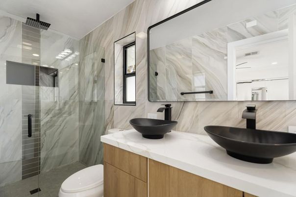 Bathroom, Dual Sink Vanities, Glass Shower, Interior, Marble Walls, Recessed Lighting