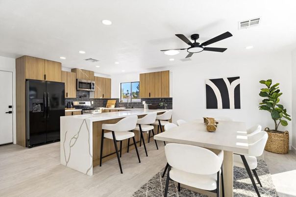 Dining room, Interior, Kitchen, Recessed Lighting, Stainless Steel Appliances, Wood Texture Flooring