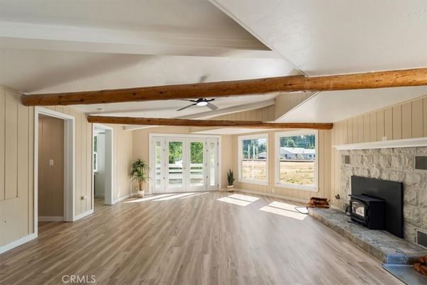 Empty room, Fireplace, Interior, Wooden Beams, Wood Texture Flooring