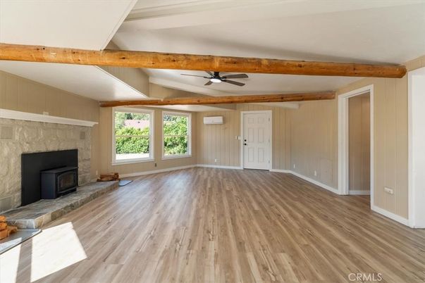 Empty room, Fireplace, Interior, Wooden Beams, Wood Texture Flooring