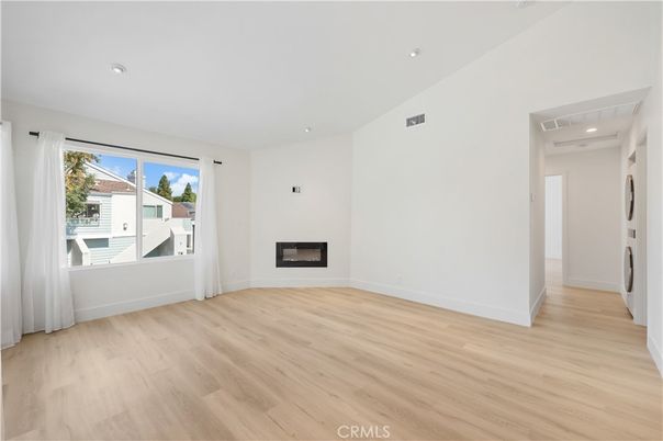Empty room, Fireplace, Interior, Recessed Lighting, Wood Texture Flooring