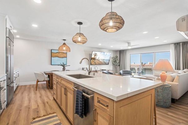 Interior, Kitchen, Living room, Pendant Lights, Recessed Lighting, Wood Texture Flooring