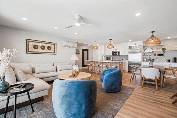 Dining room, Interior, Kitchen, Living room, Pendant Lights, Recessed Lighting, Stainless Steel Appliances, Wood Texture Flooring