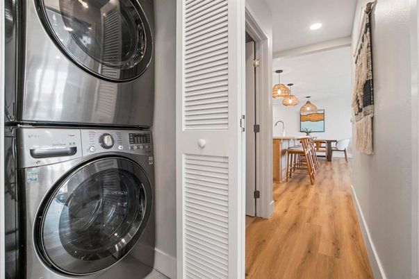 Dining room, Interior, Pendant Lights, Recessed Lighting, Utility Closets, Washer, Wood Texture Flooring