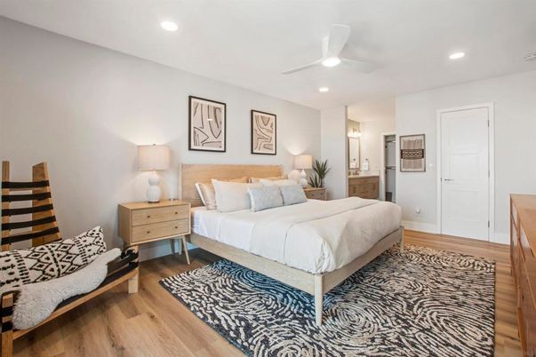 Bedroom, Interior, Recessed Lighting, Wood Texture Flooring