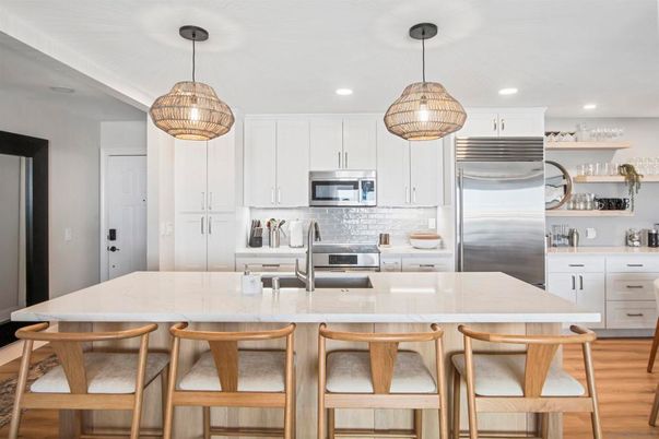Interior, Kitchen, Pendant Lights, Recessed Lighting, Stainless Steel Appliances, Wood Texture Flooring