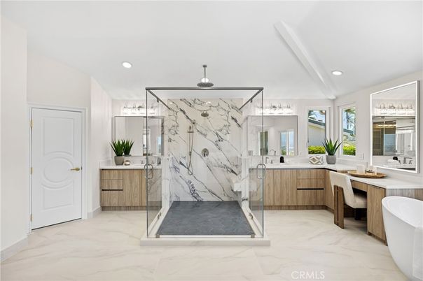 Bathroom, Free Standing Baths, Glass Shower, Interior, Marble, Marble Walls, Recessed Lighting