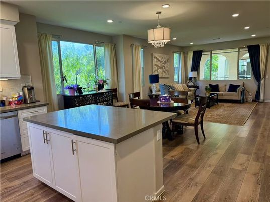 Chandelier, Dining room, Interior, Kitchen, Living room, Recessed Lighting, Wood Texture Flooring