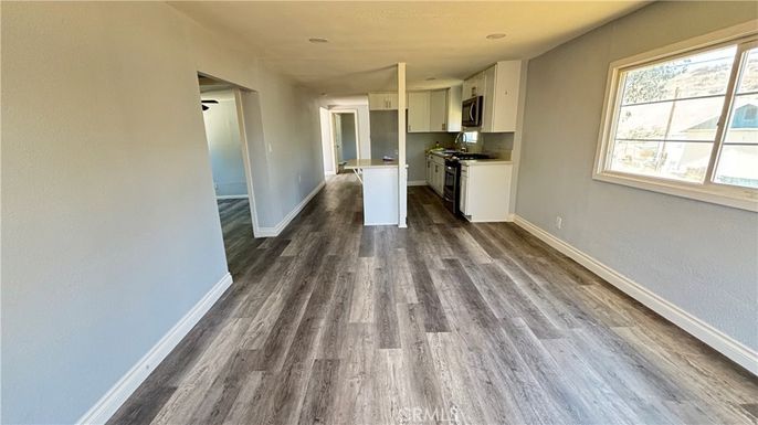 Empty room, Interior, Kitchen, Recessed Lighting, Wood Texture Flooring