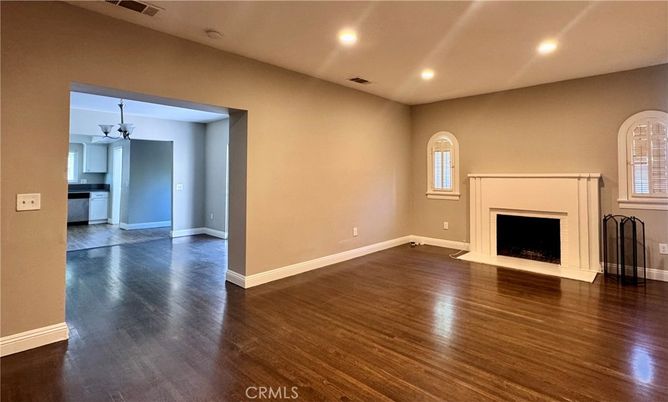 Empty room, Fireplace, Interior, Recessed Lighting, Wood Texture Flooring