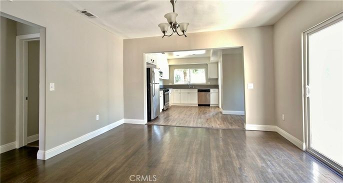 Chandelier, Interior, Kitchen, Stainless Steel Appliances, Wood Texture Flooring