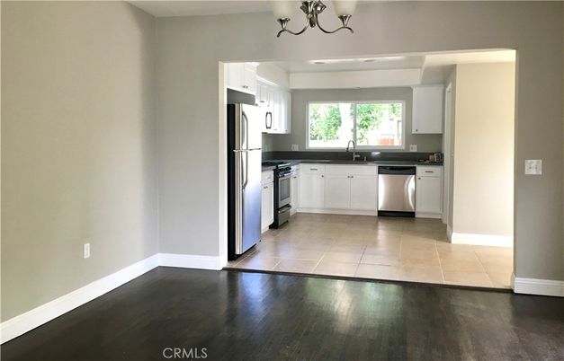 Chandelier, Interior, Kitchen, Stainless Steel Appliances, Wood Texture Flooring