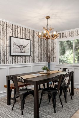 Chandelier, Dining room, Interior, Wood Texture Flooring