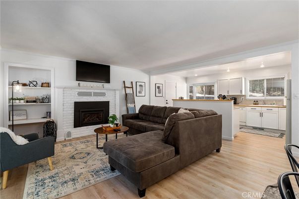 Fireplace, Interior, Kitchen, Living room, Wood Texture Flooring