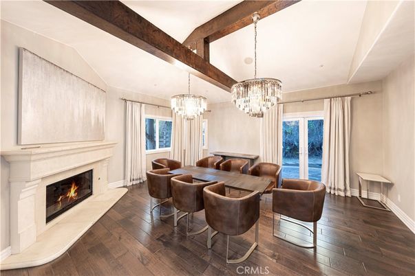 Chandelier, Dining room, Fireplace, Interior, Wooden Beams, Wood Texture Flooring