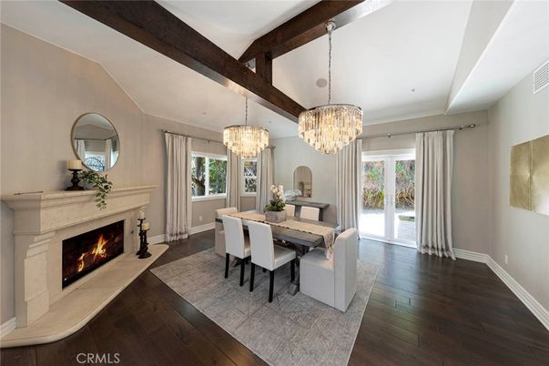Chandelier, Dining room, Fireplace, Interior, Wooden Beams, Wood Texture Flooring