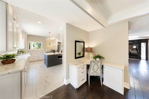 Interior, Kitchen, Marble, Pendant Lights, Recessed Lighting, Wood Texture Flooring