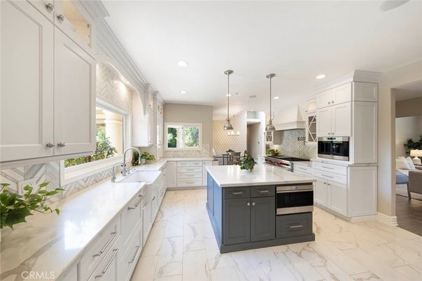 Interior, Kitchen, Marble, Pendant Lights, Recessed Lighting, Stainless Steel Appliances
