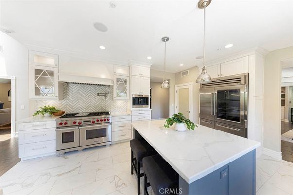 Interior, Kitchen, Marble, Pendant Lights, Recessed Lighting, Stainless Steel Appliances