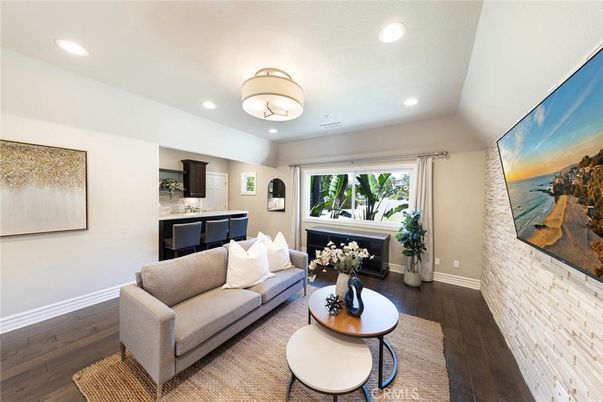 Fireplace, Interior, Living room, Recessed Lighting, Wood Texture Flooring
