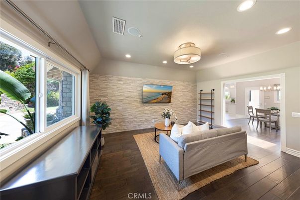 Dining room, Interior, Living room, Recessed Lighting, Stone Walls, Wood Texture Flooring