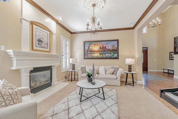 Chandelier, Fireplace, Interior, Living room, Recessed Lighting, Wood Texture Flooring