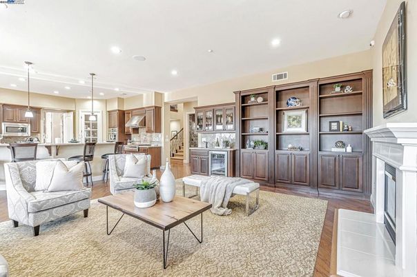 Fireplace, Interior, Kitchen, Living room, Pendant Lights, Recessed Lighting, Wood Texture Flooring
