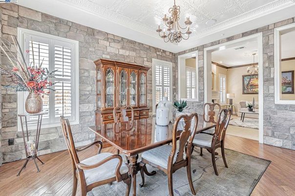Chandelier, Dining room, Interior, Stone Walls, Wood Texture Flooring