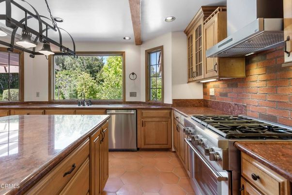 Interior, Kitchen, Recessed Lighting, Stainless Steel Appliances, Stone Walls, Wooden Beams