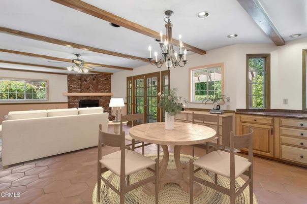 Chandelier, Dining room, Fireplace, Interior, Living room, Recessed Lighting, Wooden Beams