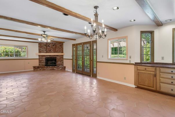 Chandelier, Empty room, Fireplace, Interior, Recessed Lighting, Wooden Beams