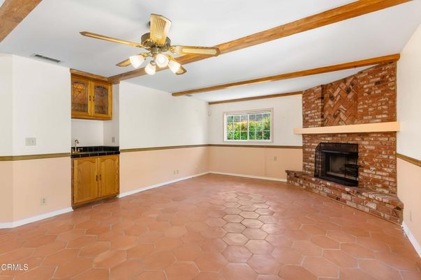 Empty room, Fireplace, Interior, Stone Walls, Wooden Beams