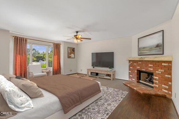 Bedroom, Fireplace, Interior, Wood Texture Flooring