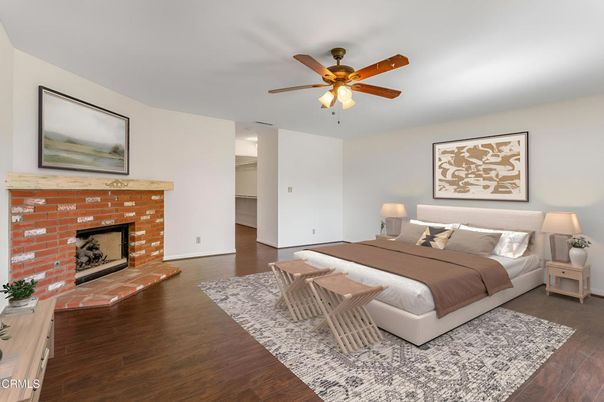 Bedroom, Fireplace, Interior, Wood Texture Flooring