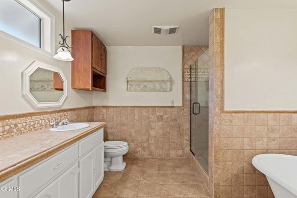 Bathroom, Glass Shower, Interior, Pendant Lights, Tile Countertops