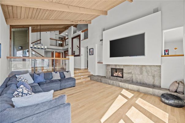 Fireplace, Interior, Living room, Pendant Lights, Wooden Beams, Wooden Ceilings, Wood Texture Flooring