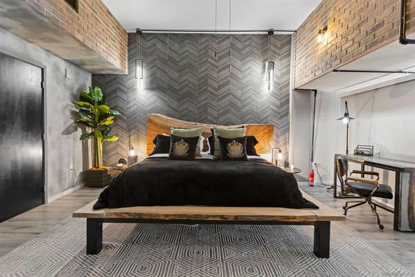 Bedroom, Interior, Pendant Lights, Stone Walls, Wood Texture Flooring