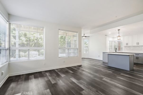 Empty room, Interior, Kitchen, Pendant Lights, Wood Texture Flooring