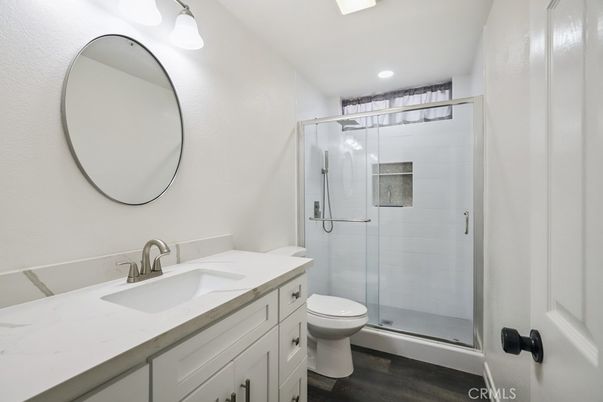 Bathroom, Glass Shower, Interior, Recessed Lighting, Wood Texture Flooring