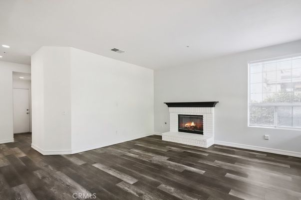 Empty room, Fireplace, Interior, Recessed Lighting, Wood Texture Flooring