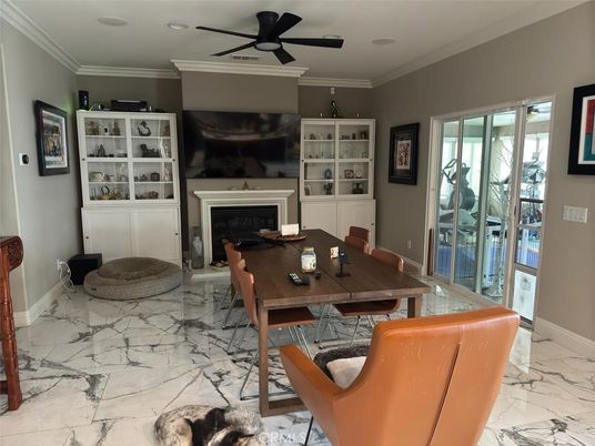 Dining room, Fireplace, Interior, Marble, Recessed Lighting