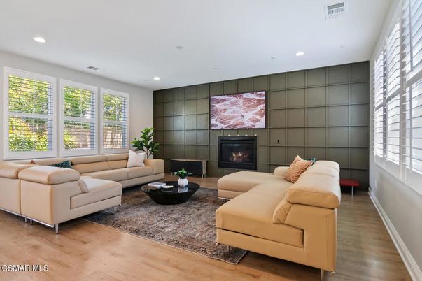 Fireplace, Interior, Living room, Recessed Lighting, Wood Texture Flooring