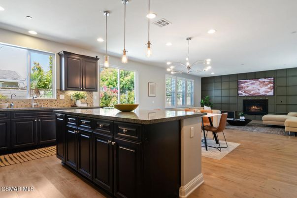 Dining room, Fireplace, Interior, Kitchen, Living room, Pendant Lights, Recessed Lighting, Wood Texture Flooring