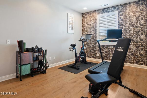 Fitness Equipment, Home Office, Interior, Recessed Lighting, Wood Texture Flooring