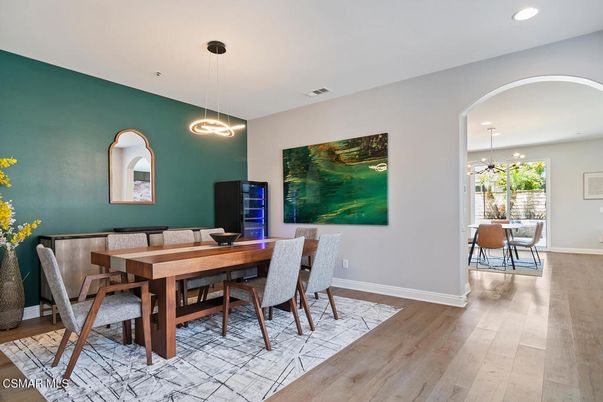 Dining room, Interior, Pendant Lights, Recessed Lighting, Wood Texture Flooring
