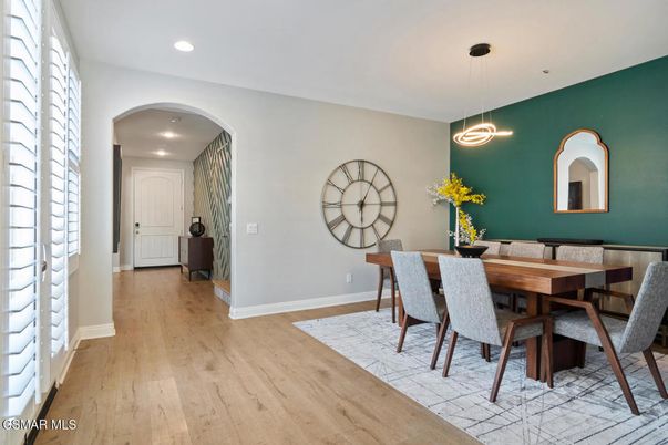 Dining room, Interior, Pendant Lights, Recessed Lighting, Wood Texture Flooring
