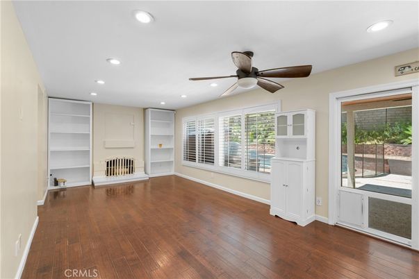Empty room, Fireplace, Interior, Recessed Lighting, Wood Texture Flooring