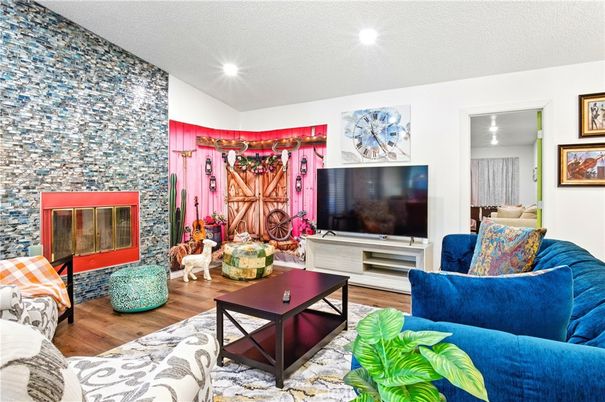Fireplace, Interior, Living room, Recessed Lighting, Wood Texture Flooring