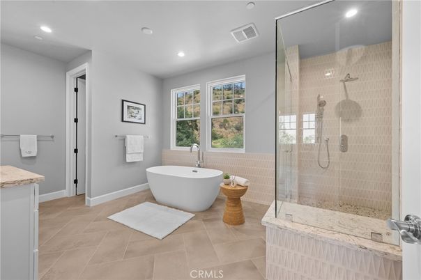 Bathroom, Free Standing Baths, Glass Shower, Interior, Recessed Lighting